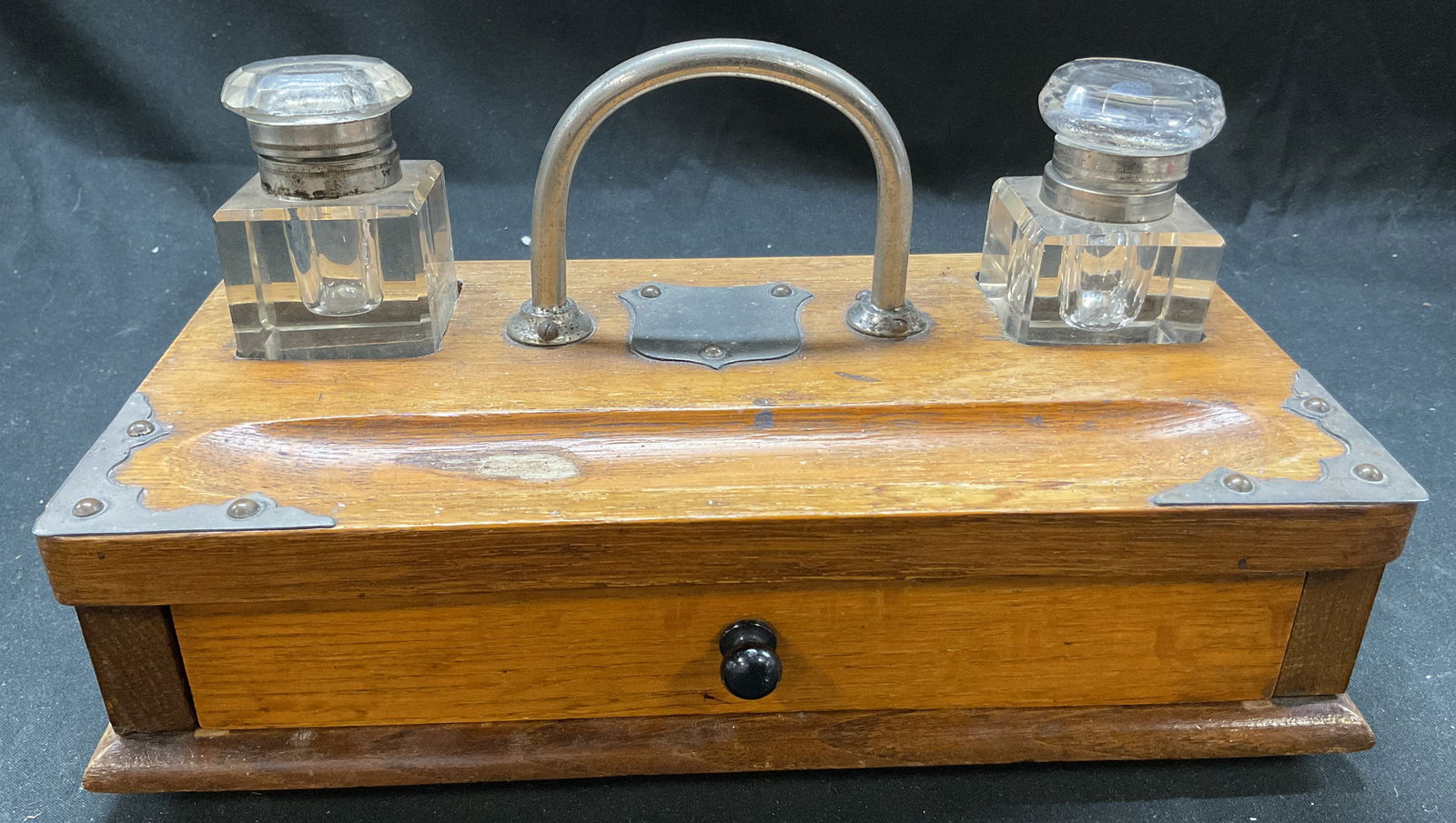 Vtg Double Glass Wooden Inkwell Stand W Drawer (1 of 10)