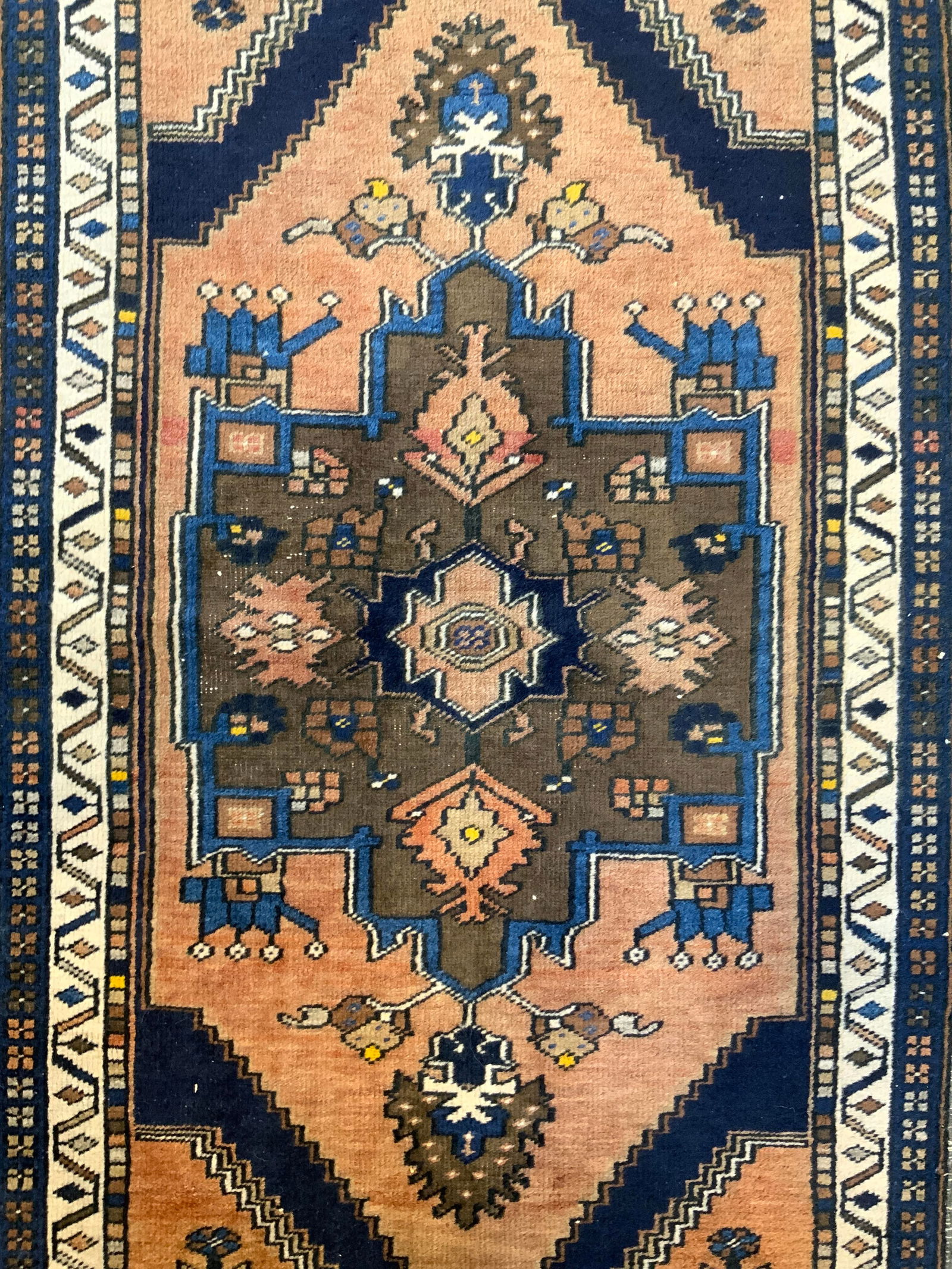 Vintage Handmade Persian Wool Rug: Rig is Handmade and wool. Piece appears to be Persian. Rug is vintage with multi toned geometric detail. Short fringed at edges. Rug measures approximately 55 inches long 32 inches wide. Rug, carpet,