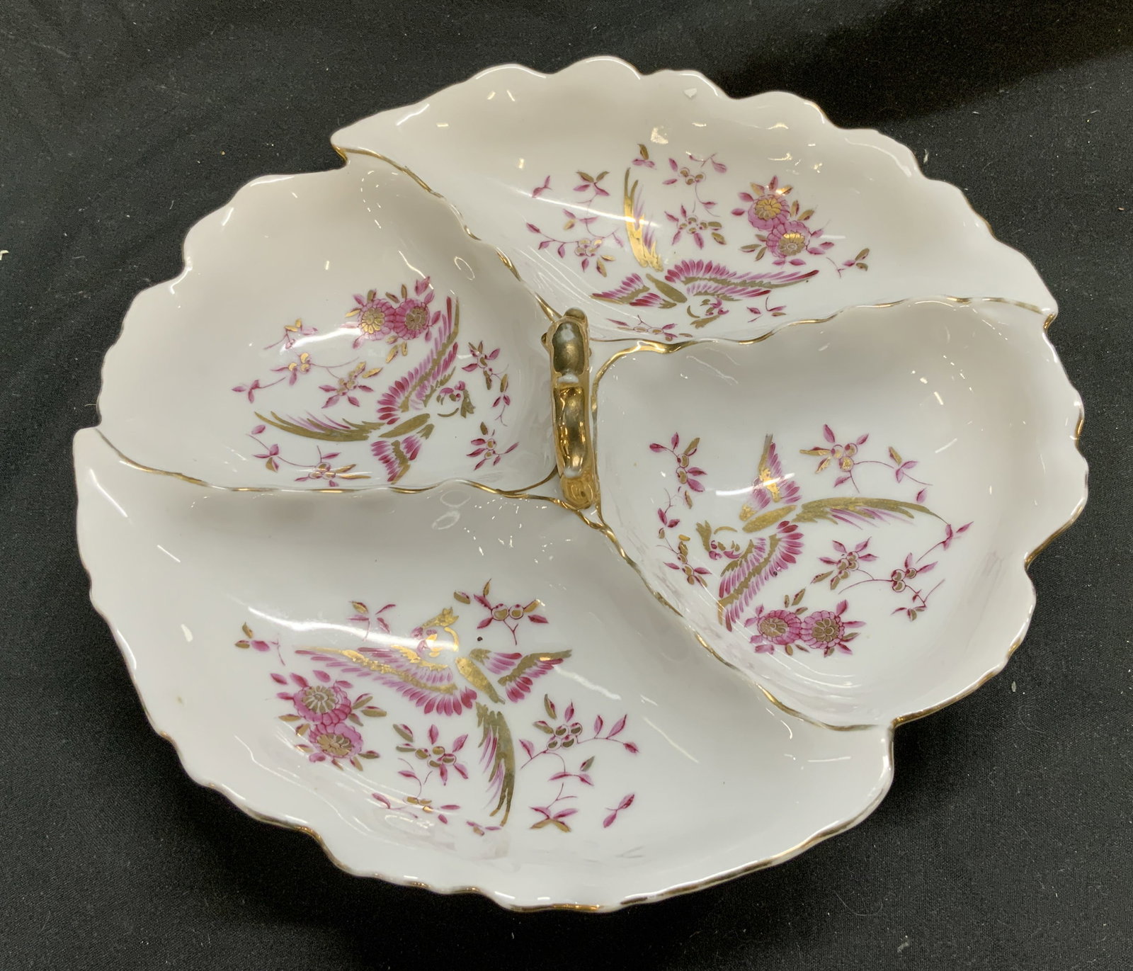 Boutique Gold Birds W Pink Accents Porc Nut Dish: Boutique Gold Birds W Pink Accents Porc Nut Dish Porcelain nut dish featuring gold birds & pink floral accents. Dish has a scalloped edge with gold accents. Signed & marked on underside. Reads BOUTIQU