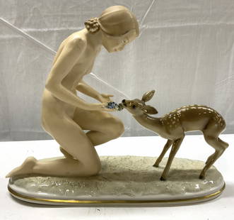 HUTSCHENREUTHER Porc Girl & Deer Sculpture GERMANY: HUTSCHENREUTHER Porc Girl & Deer Sculpture GERMANY Porcelain sculpture depicting a nude girl feeding a deer. Sculpture has gold accents on the edges. Signed & marked on underside. Reads HUTSCHENREUTHE