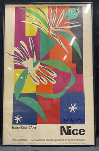 1965 Matisse Danseuse Creole French Tourism Poster: Framed color lithograph poster. Promotional French tourism poster for the city of Nice. La Danseuse Creole by Henri Matisse. Print of original gouache and paper cutout abstract figure of a Creole danc