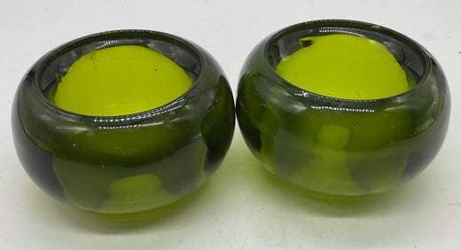 Set 2 Crate & Barrel Green Glass Candle Holders