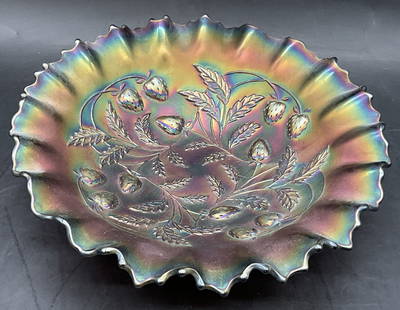 Vintage Strawberry Motif Carnival Glass Bowl: Vintage Strawberry Motif Carnival Glass Ruffle Rim Bowl. Iridescent hues throughout. Raised strawberry motif to the center. Measures approx. 2.25H x 8.25W in. Surface wear consistent with age, use, an