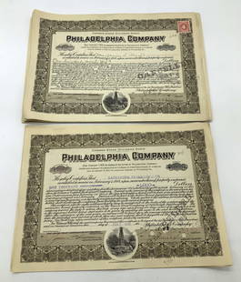 Lot 20+ 1915 SIGNED Common Stock Dividend Scrips: Lot includes, Common Stock Dividend Scrips from the Philadelphia Company. These scrips certified that multiple individuals are entitled to receive money, upon surrender of their property. Scrips are o