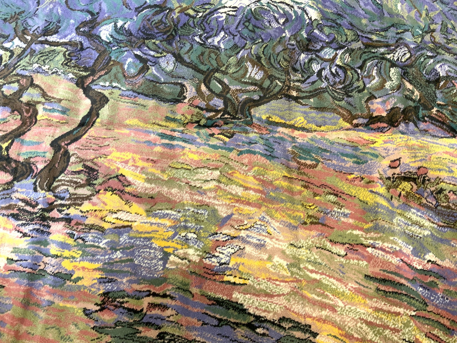 VINCENT OLIVE TREES Rn Sz Wool Area Rug: Tag on underside reads VINCENT OLIVE TREES DESIGN NO 80583. Rug is wool pile. Lower right corner signed VINCENT. Piece appears to be vintage. Rug measures approximately. 9 feet long. Rug, wool pile ru