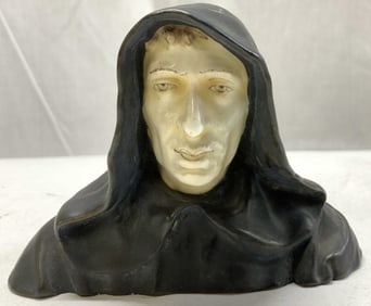 SIGNED Vntg Hooded Figure Bust Porc Sculpture