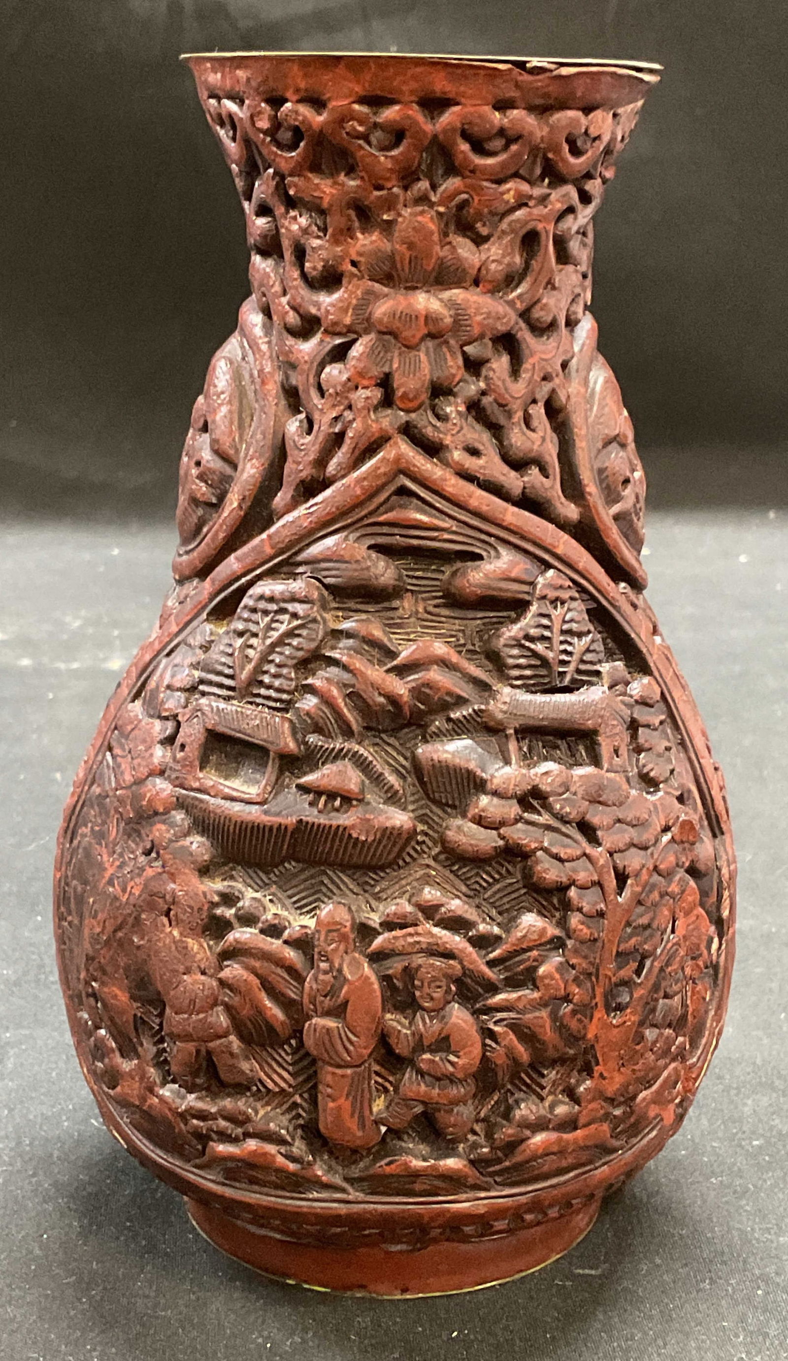 Vintage Faux Carved Cinnabar Asian Motif Vase (1 of 6)
