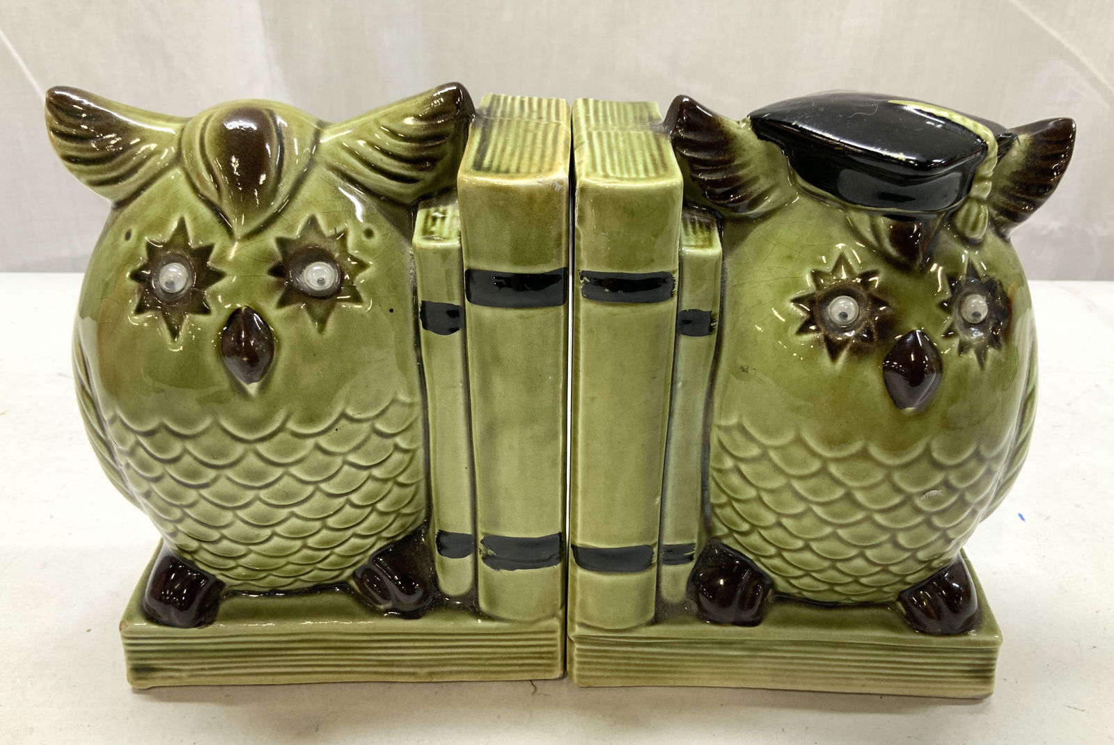 Vntg Olive Green Ceramic Owl Bookends JAPAN (1 of 8)