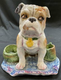 Antiq Ceramic Majolica Bulldog Match Holder: Antique ceramic majolica bulldog match holder. Majolica bulldog as tobacco, pipe and match holder. 7 x 7.25 x. 7 inches. Some surface wear consistent with exposure, breakage present. 35 imprinted on b