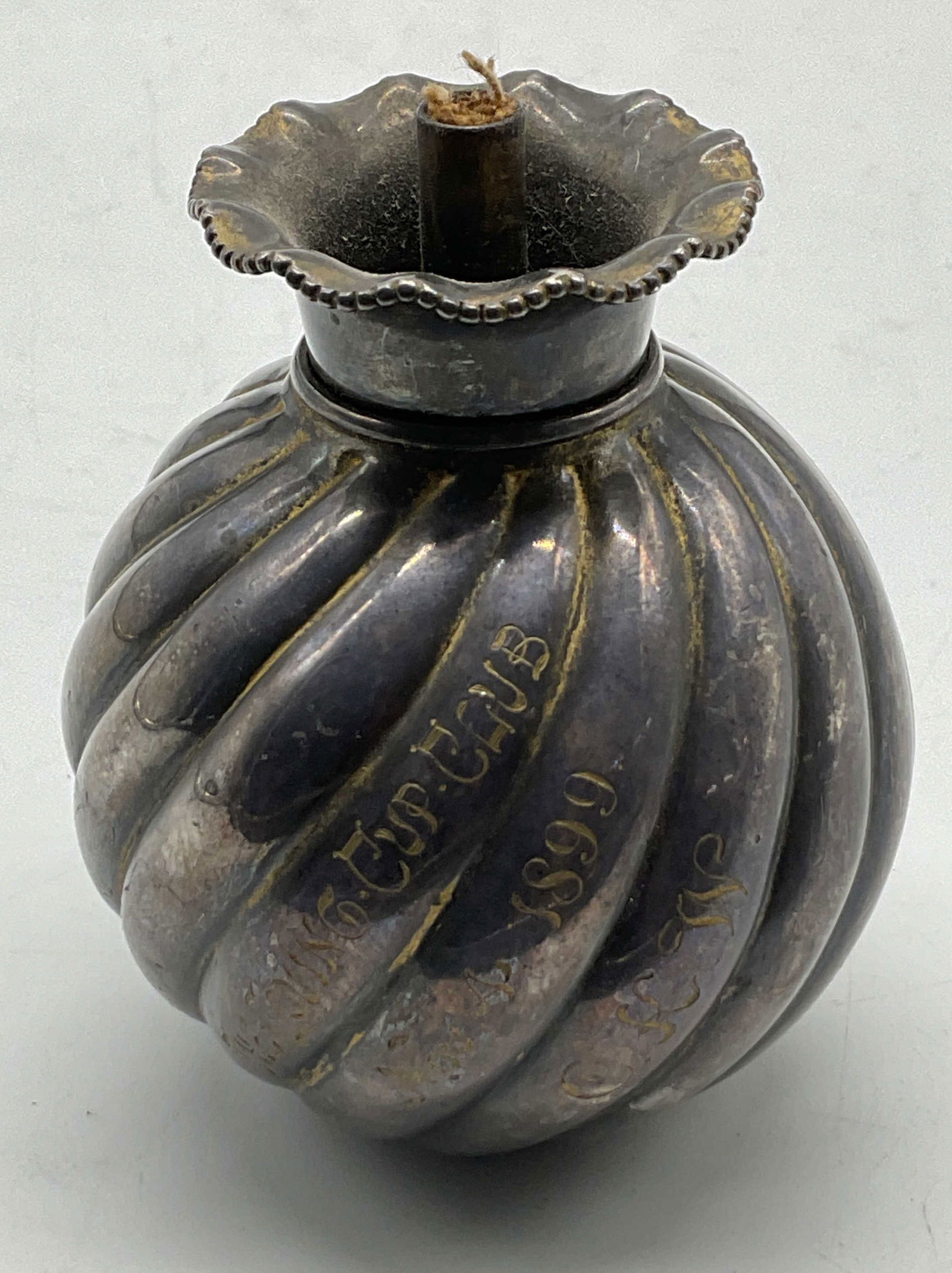 Antiq Gorham Electro Plate Cigar Lighter: Antiq GORHAM electro plate cigar lighter. Text on lighter says The Loving Cup Club, Nov 4, 1899, C. K. W. Roly poly style made of silver plate or sterling silver. 3 x 2 inches. Some surface wear inclu