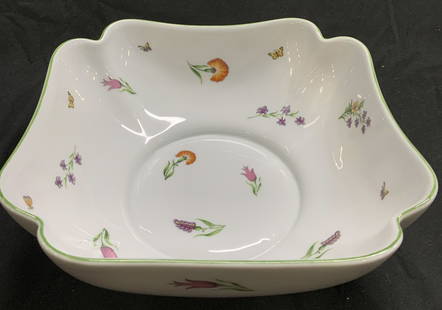 Royal Limoges Tiffany Garden Porcelain Bowl FRANCE: Royal Limoges Tiffany Garden Porcelain Bowl FRANCE Porcelain serving bowl in the Tiffany Garden pattern. Bowl features a delicate floral design & butterflies with a green-trimmed edge. Serving bowl ha