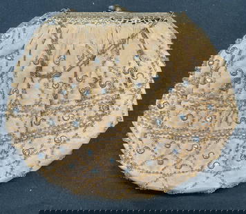 Vintage Beaded Faux Pearl Crystal Handbag: Vintage handmade beaded faux pearl and crystal handbag in cream with pleated design. Gold silk beaded embroidery. Silk lining, with gathered stitches, inside pocket Decorative gold tone scroll motif f