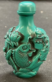 Vintage Blue Lotus Fish Relief Snuff Bottle