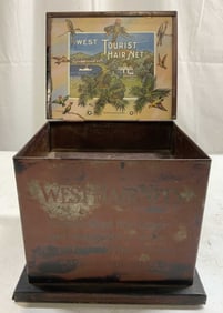 WEST HAIR NETS Vntg Metal Ad Box W Lid & Drawers