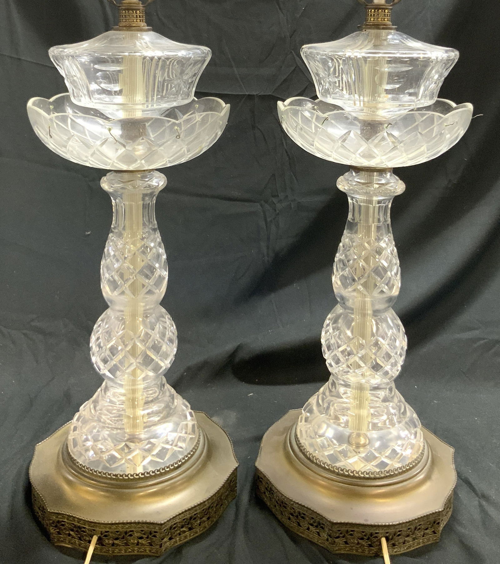 Pr Vtg Crystal Table Lamps W Gilt metal Bases (1 of 9)