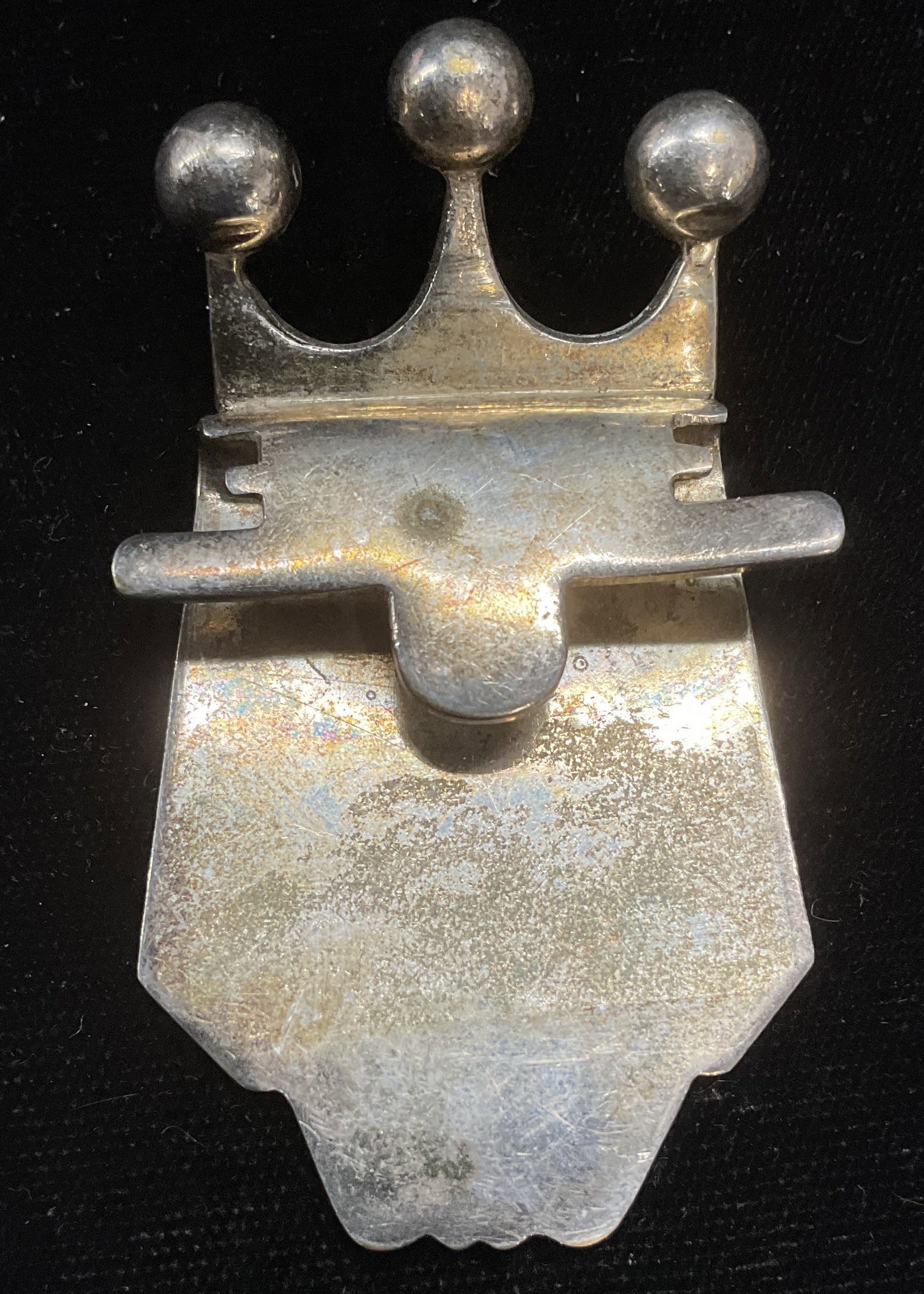 Crown Silver Plated Bottle Opener, Portugal: Vintage crown motif silver plated brass bottle opener. Made in Portugal. Measures approx 2.5 inches long. Some wear including scratching. Bottle opener, silver plated bottle opener, crown bottle opene