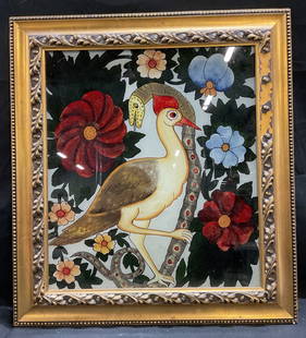 Framed Reverse Painting, Bird & Snake: Framed reverse painting on glass. Bird holding snake with surrounded by flowers in red and blue. Gilt decorative wood frame. Not examined out of frame. Frame measures approx 22 x 20 inches. Some wear