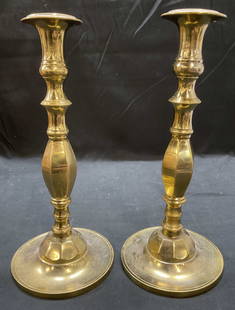 Pair Vintage Heavy Brass Candle Holders: Pair of vintage heavy brass candle holder with fluted shapes and wide bases. Measure approx 5 x 11 inches. Some wear including scratching. Candle holder, candlestick, brass candle holder, brass candle