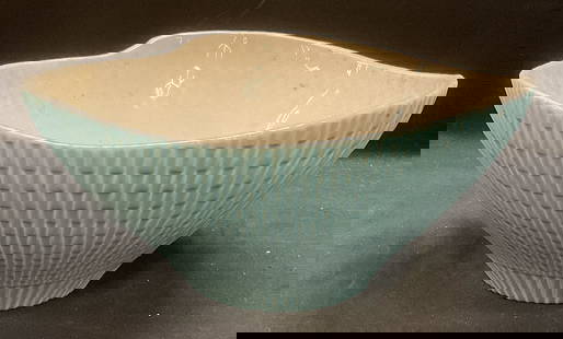Vintage Red Wing Blue Ceramic Bowl USA: Vintage Red Wing pottery ceramic bowl in blue with raised bamboo pattern. Signed. Made in USA. Measures approx 10 x 4.75 inches. Some scratching. Red wing, red wing bowl, blue bowl, bamboo pattern bow