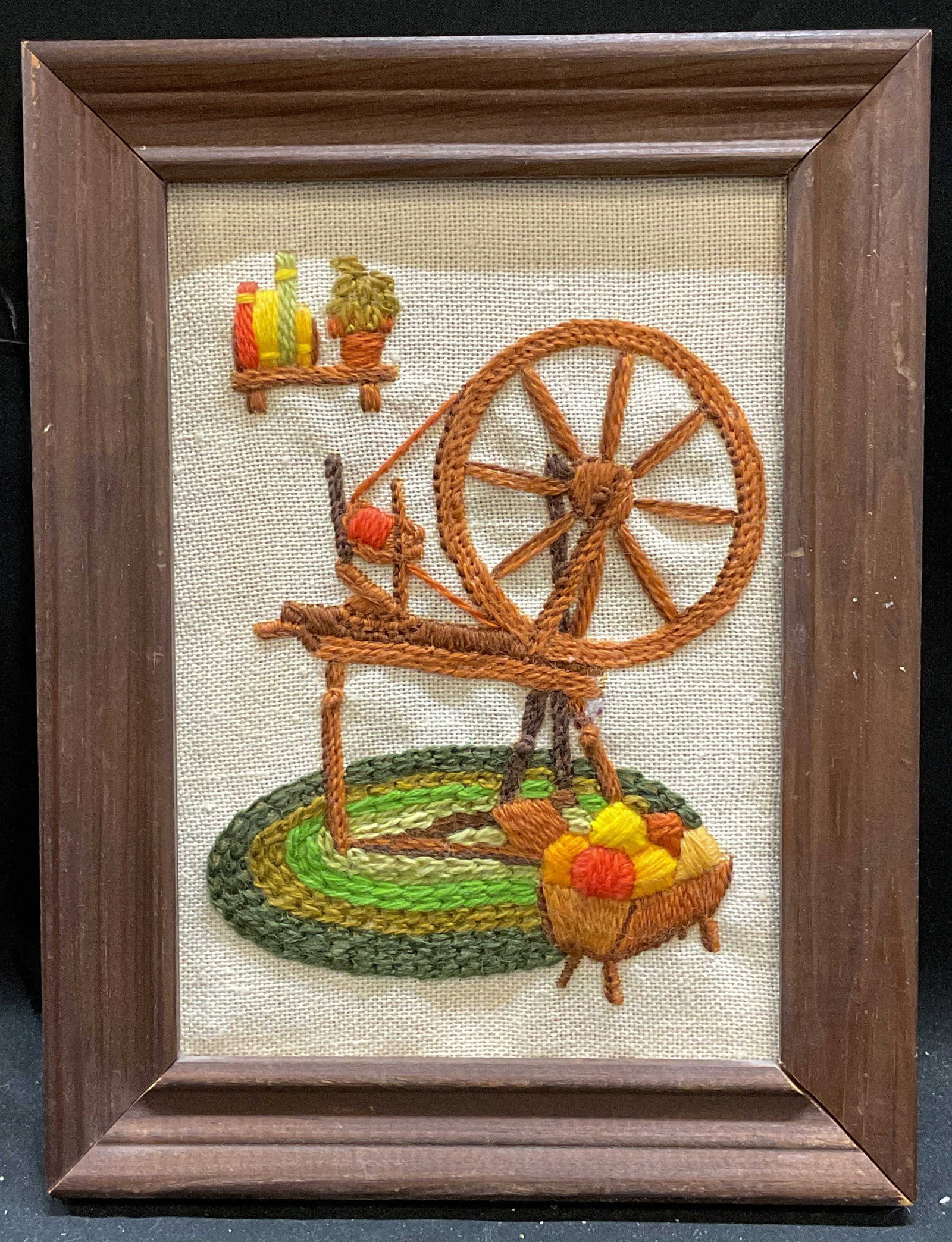 Vtg Crewel embroidery Spinning Wheel Textile (1 of 6)