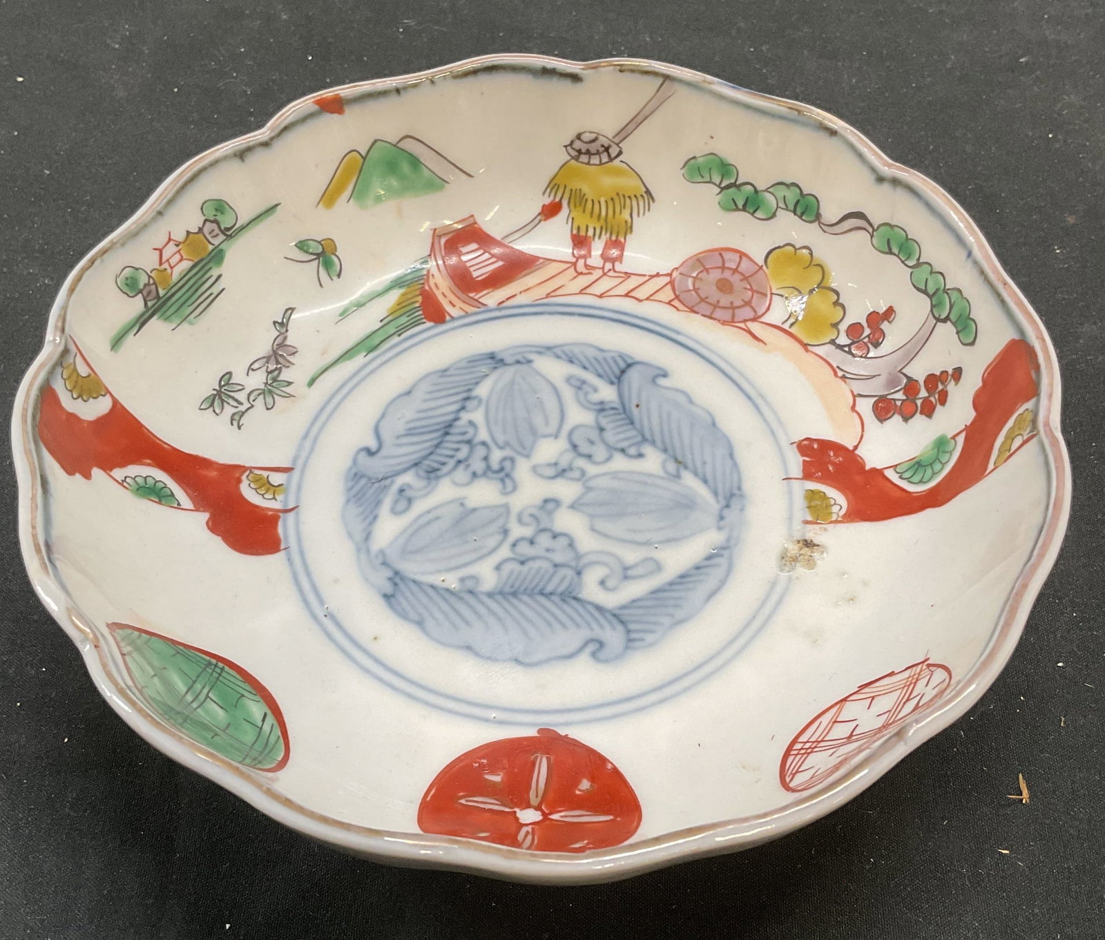 Signed Antique Hand Painted Asian Porcelain Bowl: Antique Asian porcelain bowl. Hand painted decoration with traditional style motifs. Scalloped edge. Signed on underside. Measures approx 6 x 2 inches. Some scratching and loss to paint. Antiques, ant
