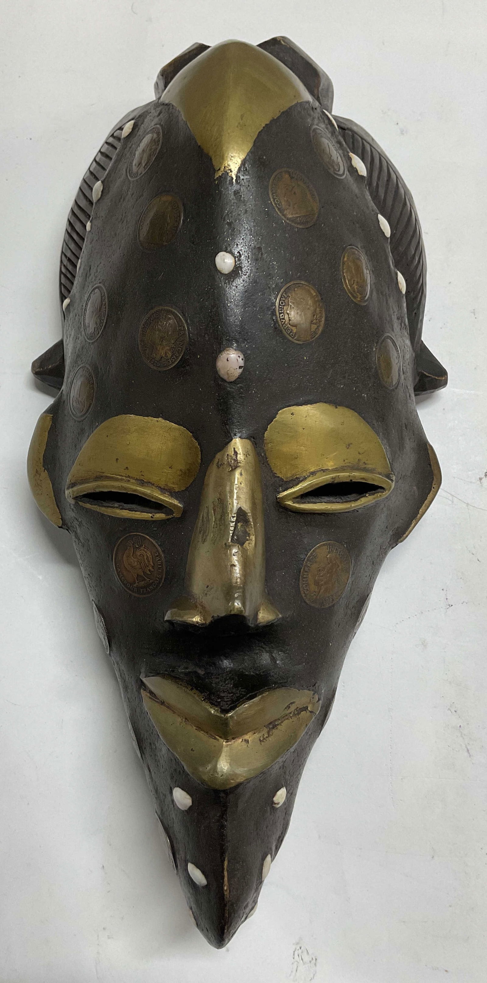 Vtg Brass Wood Cameroon African Mask Sculpture (1 of 10)