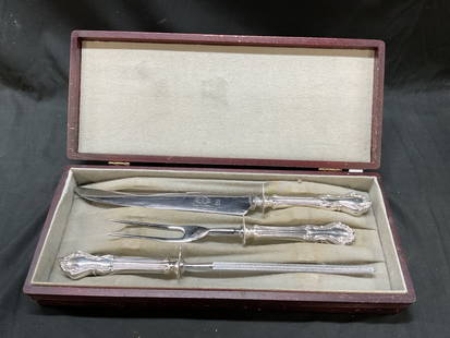 3 Royal Brand Sterling Silver Knives, Box England: Set 3 royal brand Sterling Silver Handles with stainless steel blade carving knives, in original wooden box. Set includes roast carving fork, carving knife, and sharpening steel. Made in Sheffield, En