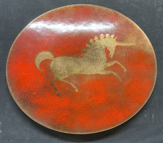 Vtg Enameled Red & Gilt Unicorn Plate