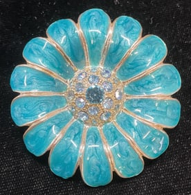 Silver Tone Blue Enamel Crystal Flower Brooch