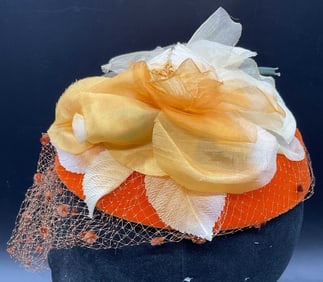 Vntg Orange Netted Floral Rosette Fascinator Hat