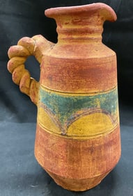 Vtg Hand Painted Redware Pottery Jug Vase Vessel