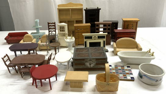Lot 50+ Assorted Dollhouse Furniture & Accessories: Lot includes 50+ pieces of dollhouse furniture and other accessories, including dining tables, dressers, bathtubs, fireplace and more. Largest piece, (display shelf measures approximately 8 inches tal