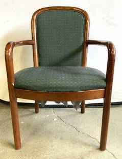 BERNHARDT Vntg Wooden Uph Armchair: Tag on underside reads BERNHARDT. Chair has light brown toned wooden frame. Piece has green toned pattern upholstery. Welting at edges of upholstery. Chair measures approximately 35 inches tall 23 inc