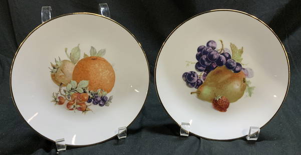 Lot 2 JKW Fruit Porcelain Plates WEST GERMANY: Lot 2+ JKW Assorted Fruit Porc Plates WEST GERMANY Fine porcelain plates feature a central motif of vibrant assorted fruits, including strawberries, grapes & pears. Plates have a delicate gold trim. S