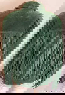 Vintage Green Suede Fringe Leather Jacket NWT: Vintage green suede form button jacket with fringe trim on back and sleeves. Size medium. Synthetic lining. New with tag. Some wear to material consistent with exposure. Suede jacket, green jacket, fr