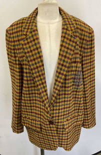 Vtg Saks Fifth Ave Yellow Plaid Wool Blazer: Label reads Made expressly for SAKS FIFTH AVENUE L 65%Wool 15%Acrylic 15%Polyester 5%Other Made in Hong Kong RN 69061. Beaded diamond section, colors match plaid pattern. Vintage Saks Fifth Avenue yel