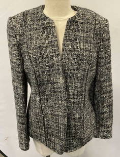 Ellen Tracy Blue Grey Tweed Wool Jacket: Linda Allard Ellen Tracy blue and grey knit tweed wool blend jacket. Size 12. Label reads Linda Allard Ellen Tracy 12 Made in Korea. Some pulling and blemishes. Linda Allard jacket, Ellen Tracy jacket