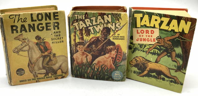 3+ 1930-1940s Big Little Illustr Books BURROUGHS: 3+ 1930-1940s Big Little Illustr Books BURROUGHS Lot includes, The Lone Ranger & the Secret Killer by Buck Wilson, The Tarzan Twins by Edgar Rice Burroughs & Tarzan Lord of the Jungle by Edgar Rice Bu