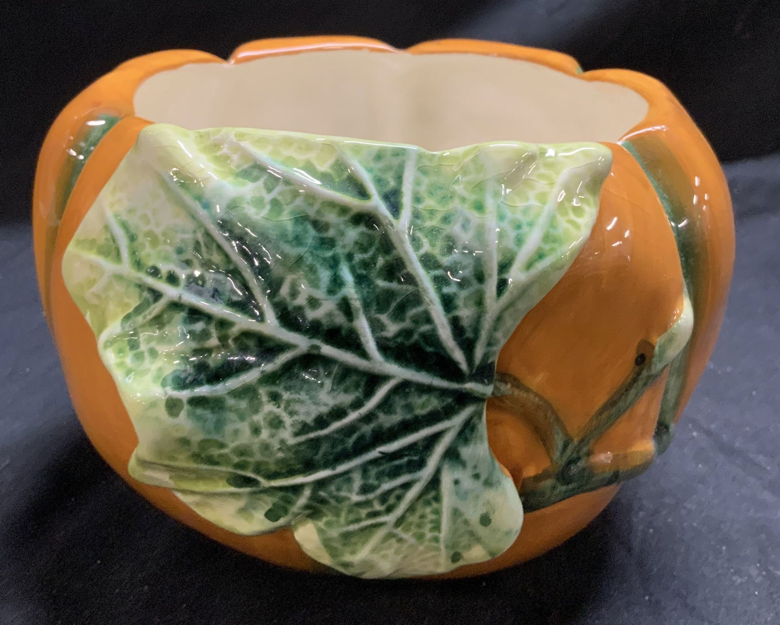 Hand Painted Ceramic Pumpkin Bowl W Leaf Accent (1 of 6)