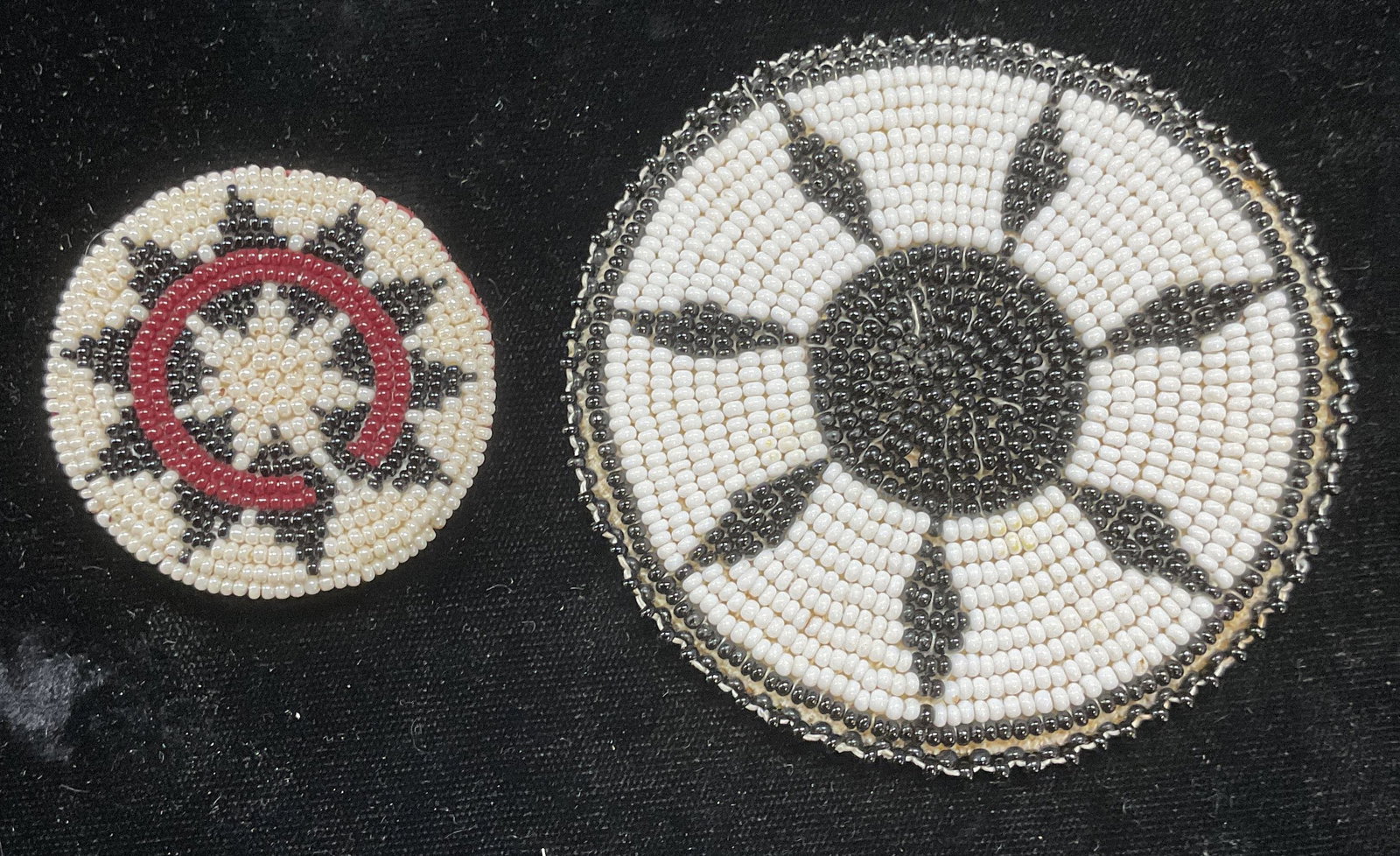 Lot 2 Handmade Beaded Flower Sun Pendants: Lot of 2 handmade beaded pendants with flower and sun motifs. Larger measures approx 3.25 inches wide. Some wear including scratching observed. Jewelry, estate jewelry, costume jewelry, cocktail jewel