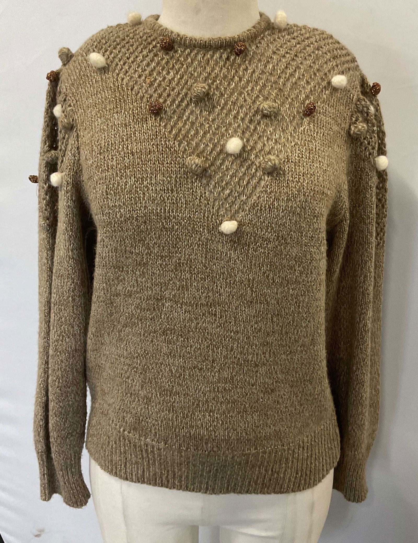 Andre Behar Jabe Alpaca Metallic Sweater Italy: Vintage Andre Behar for Jabe tan alpaca blend metallic accent sweater with pom pom detail. Size medium. Made in Italy. Some blemishes and pilling. Andre Behar sweater, Jabe sweater, designer sweater,