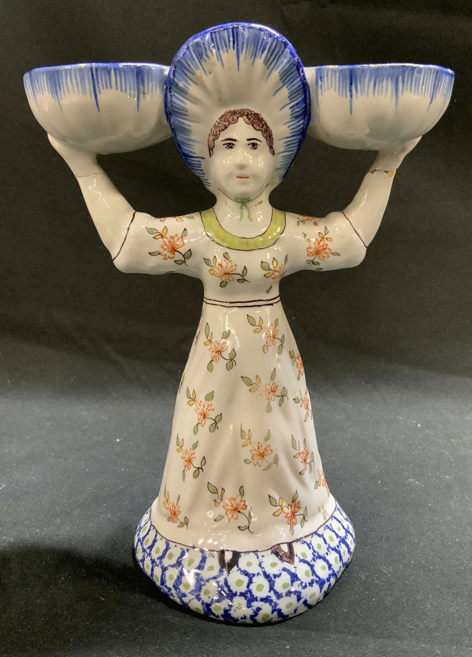 Antq Desvres Faience Double Lady Salt Cellar: Antq Desvres Faience Double Lady Salt Cellar Figural piece representing a woman holding two baskets above her, which serve as open salt cellars. Figural is wearing a floral white dress. Appears to be