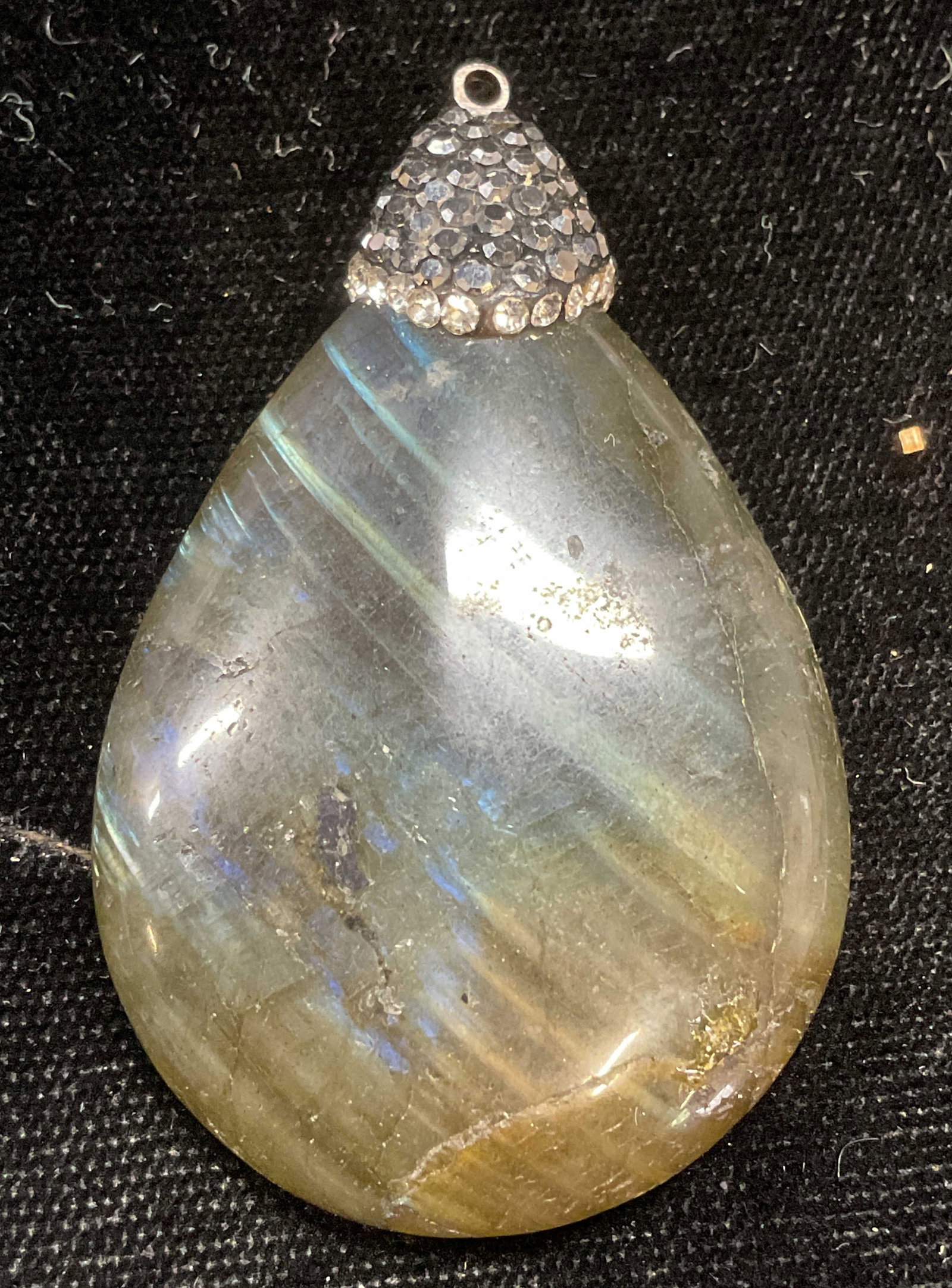 Vintage Labradorite Crystal Teardrop Pendant: Vintage labradorite and crystal teardrop pendant. Measures approx 2 x 1.25 inches. Some wear including scratching observed. Jewelry, estate jewelry, costume jewelry, cocktail jewelry, fashion jewelry,