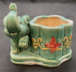 Vtg Ceramic Green Lucky Elephant Planter