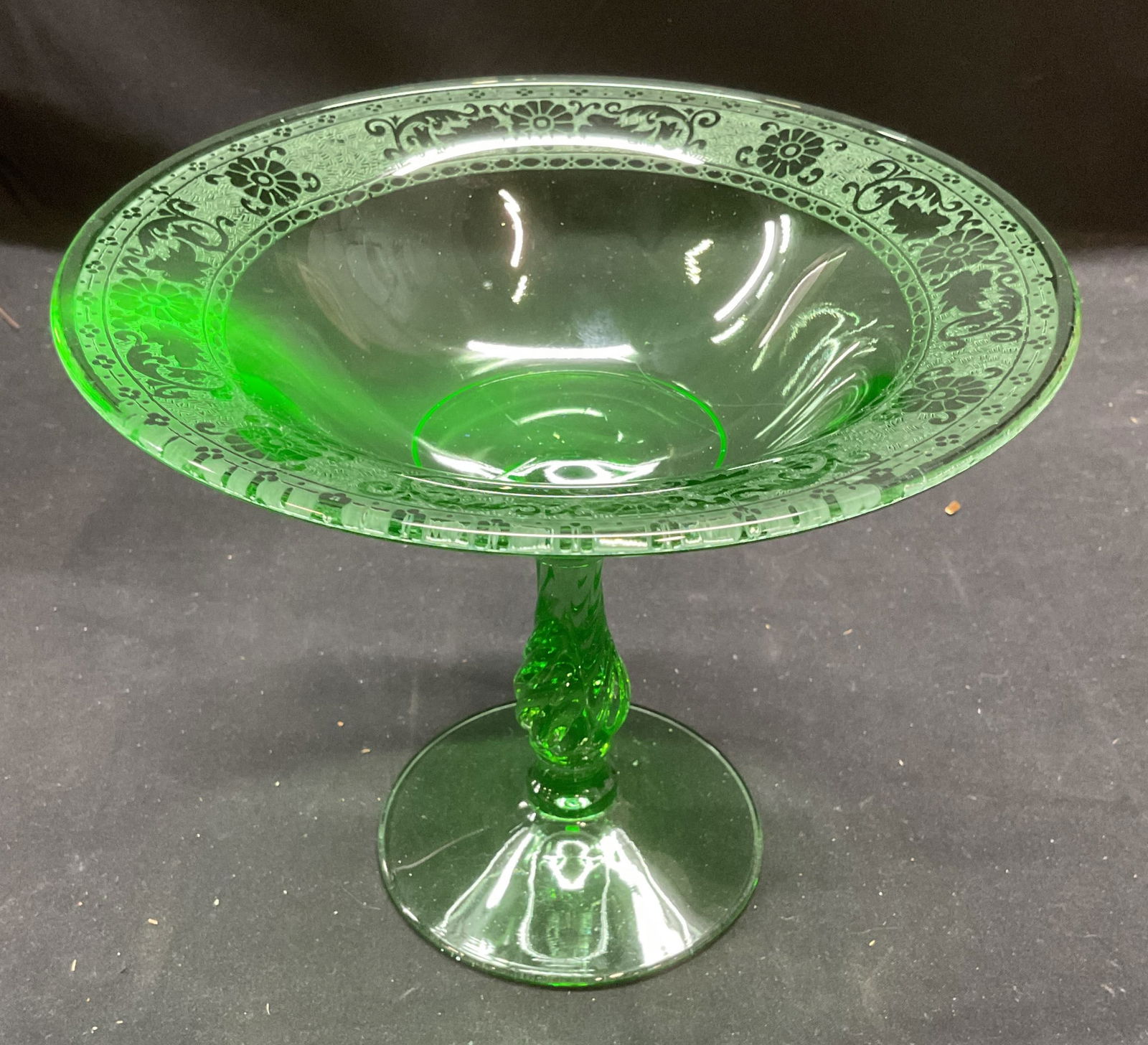 Vintage Etched Uranium Glass Floral Compote (1 of 7)