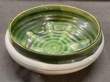 Signed Hilary Handmade Green Art Pottery Bowl