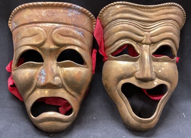 Set 2 Solid Brass Art Deco Theater Masks