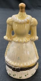 Vtg Porcelain Yellow Victorian Dress Trinket Box