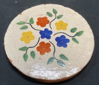 Vtg Hand Painted Floral Ceramic Round Trivet Tile