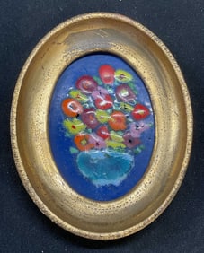 Framed Enameled Still Life Flower Panel